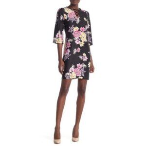 Sandra Darren Womens Black Pink Floral V Neck Elbow Sleeve Shift Dress Sz 12 New